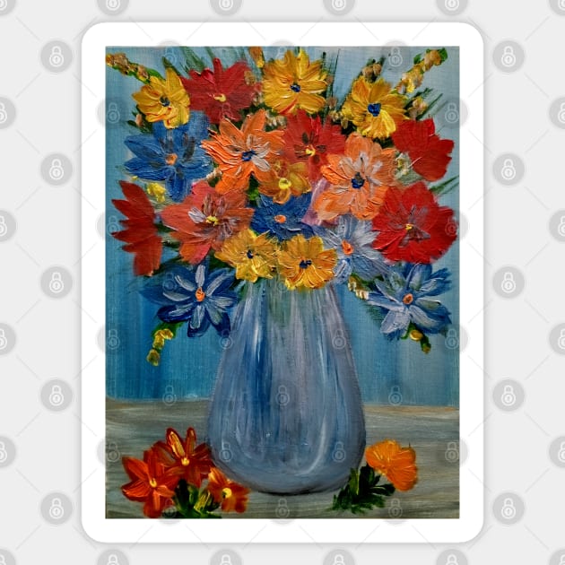 abstract vibrant colorful flowers in a glass vase with silver accent . Sticker by kkartwork